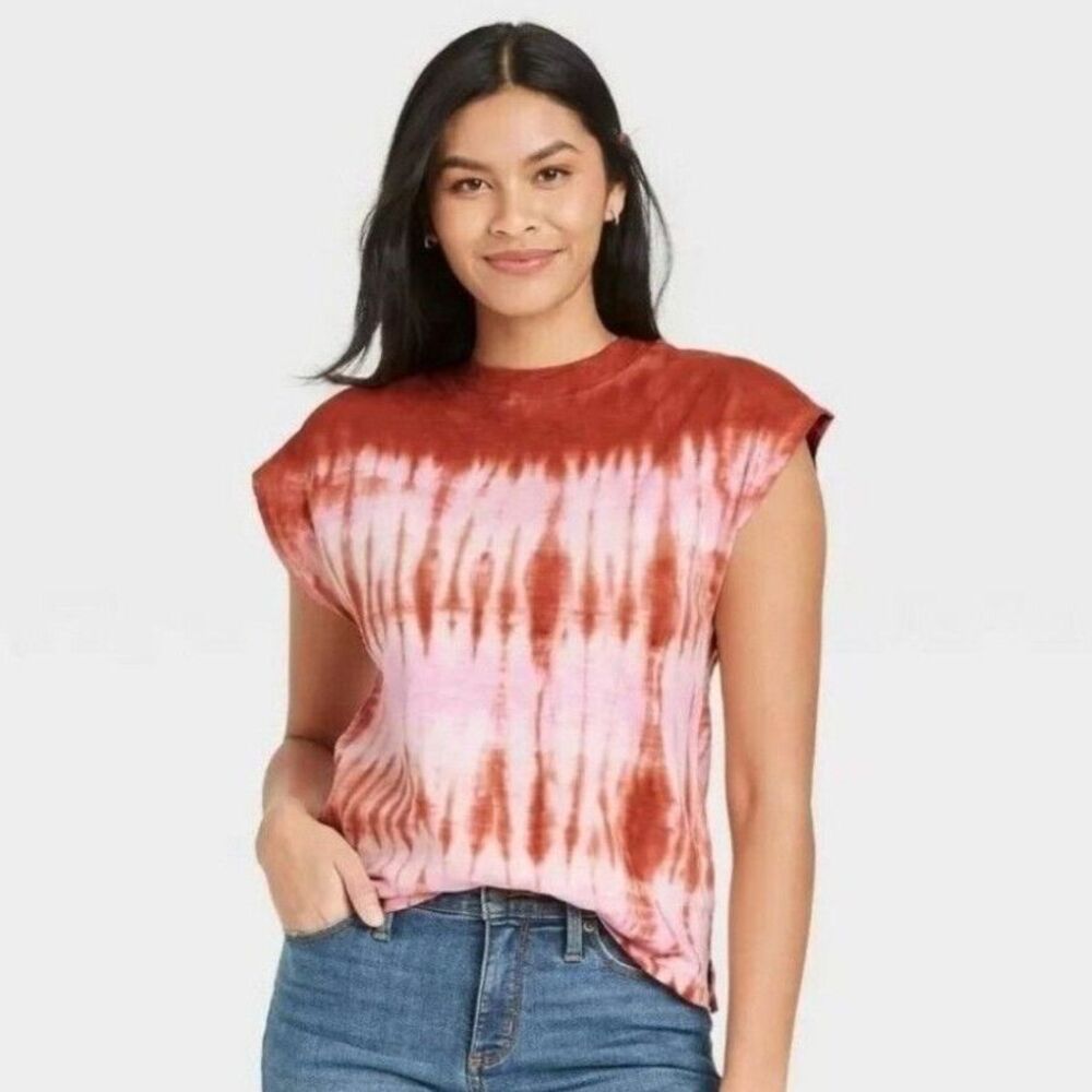 Universal Thread T-Shirt Women's Medium Orange Pink Tie Dye Cap Sleeve Top Boho